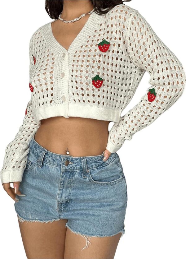 SHENHE Women's Hollow Out Button Down V Neck Knit Cropped Strawberry Cardigan Sweater