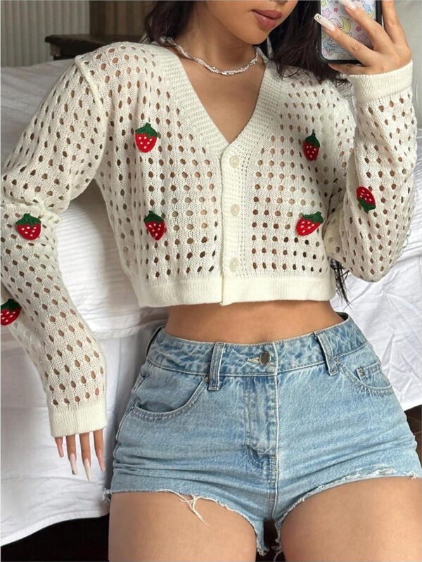 SHENHE Women's Hollow Out Button Down V Neck Knit Cropped Strawberry Cardigan Sweater - Image 6