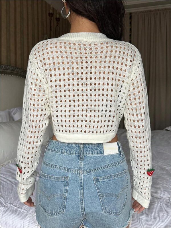 SHENHE Women's Hollow Out Button Down V Neck Knit Cropped Strawberry Cardigan Sweater - Image 2