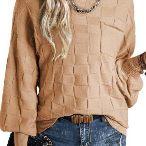 SHEWIN Womens 2024 Casual Long Sleeve Tops Sweaters Solid Color Crewneck Loose Pullover Checkered Knit Sweaters Shirts