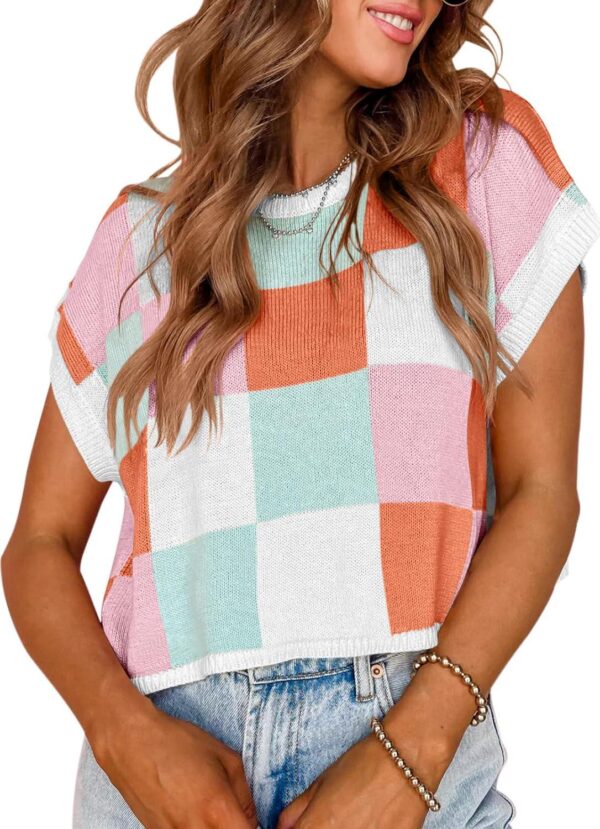 Saodimallsu Womens Cap Sleeve Crop Tops Summer Color Block Going Out Crew Neck Knit Trendy Casual Sweater