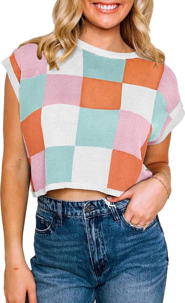 Saodimallsu Womens Cap Sleeve Crop Tops Summer Color Block Going Out Crew Neck Knit Trendy Casual Sweater - Image 2