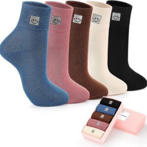 Soft Cotton Women Socks above Ankle Crew Bootie Socks Cute Lovely Smiley Face Novelty Socks Gifts for Women 5 Pairs