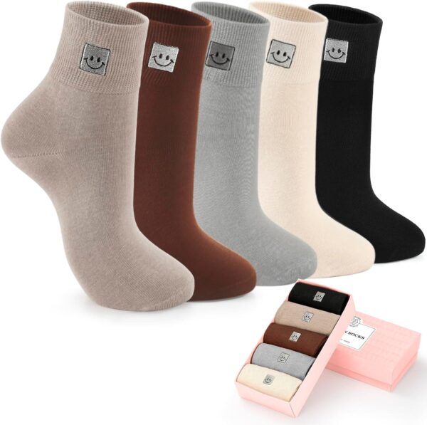 Soft Cotton Women Socks above Ankle Crew Bootie Socks Cute Lovely Smiley Face Novelty Socks Gifts for Women 5 Pairs