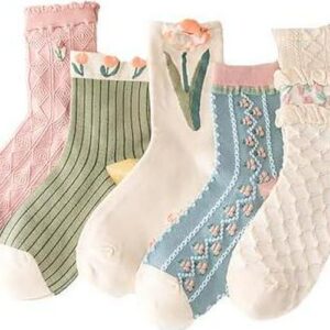 Sumleno 5 Pairs Cute Floral Ruffle Socks for Women and Girls Kawaii Cutecore Cotton Frilly Socks Cottagecore Clothes