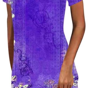 Summer Dresses for Women Boho Floral Print T-Shirts Dress Short Sleeve Sundresses Vintage Loose Tank Dresses