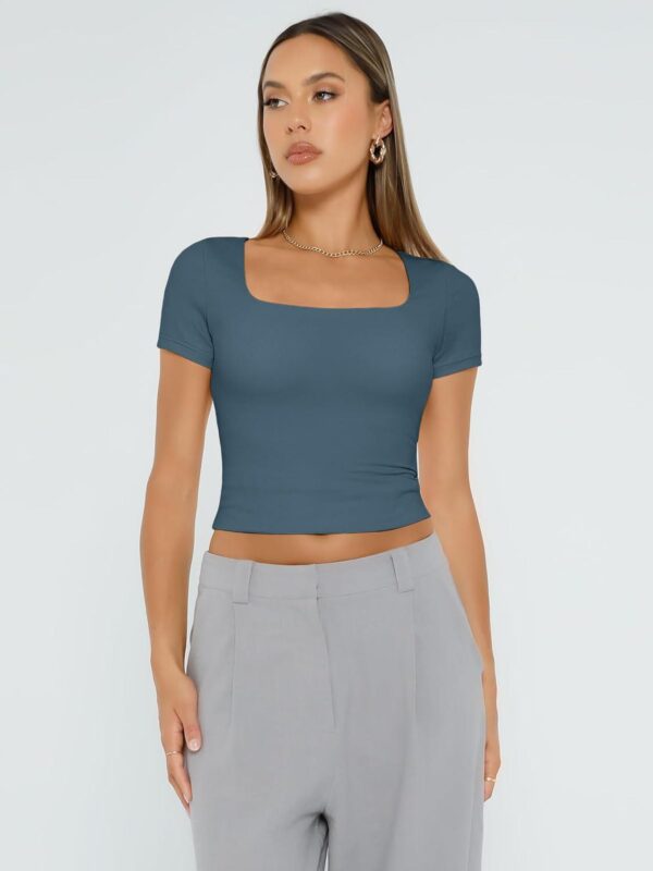 Trendy Queen Womens Short Sleeve T Shirts Square Neck Crop Going Out Cute Tops for Women Basics Tees Summer Trendy Clothes - Image 2