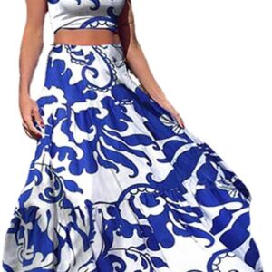 Vakkest Womens Summer Sexy 2 Pieces Outfits Ruffle Floral Tank Top Wrap Boho Tropical Long Skirt Set Clubwear Dresses