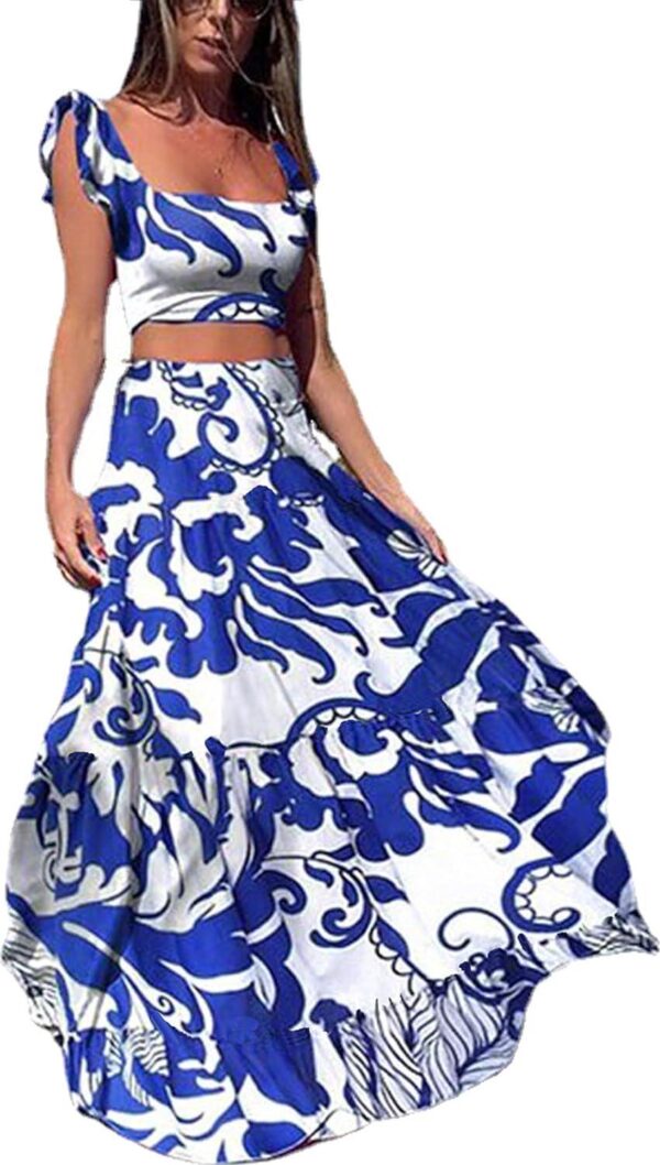 Vakkest Womens Summer Sexy 2 Pieces Outfits Ruffle Floral Tank Top Wrap Boho Tropical Long Skirt Set Clubwear Dresses