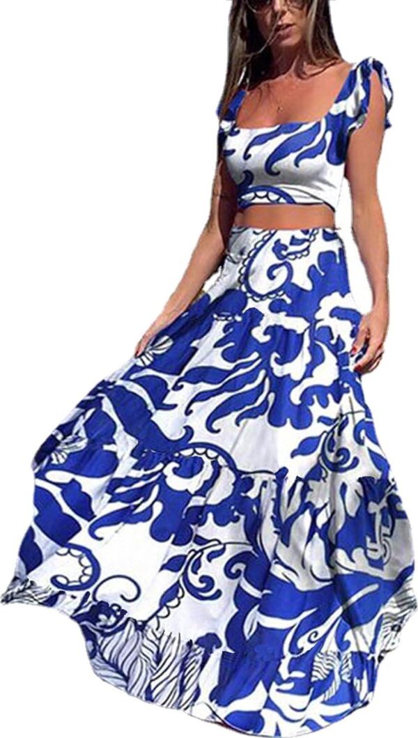 Vakkest Womens Summer Sexy 2 Pieces Outfits Ruffle Floral Tank Top Wrap Boho Tropical Long Skirt Set Clubwear Dresses - Image 2