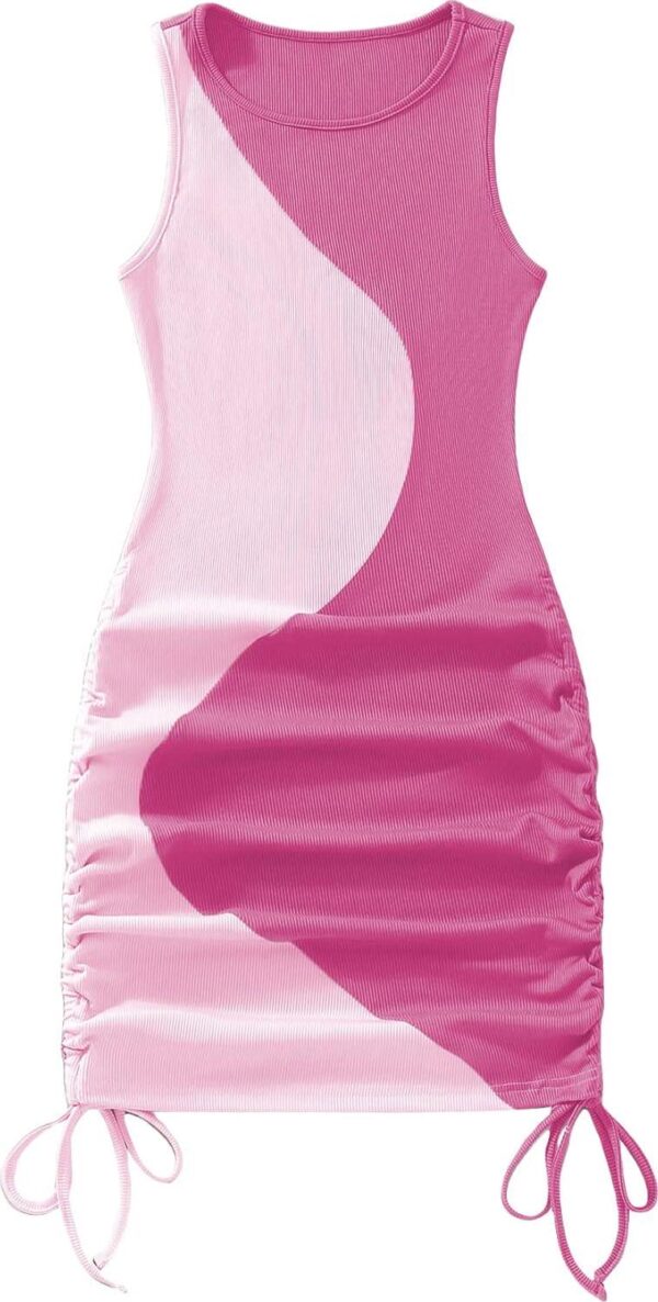 Verdusa Women's Color Block Drawstring Ruched Ribbed Mini Tank Bodycon Dress