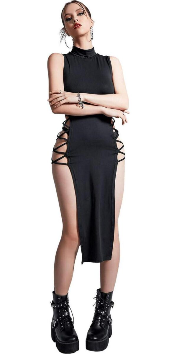 Verdusa Women's Crisscross High Split Mock Neck Sleeveless Midi Bodycon Dress - Image 3