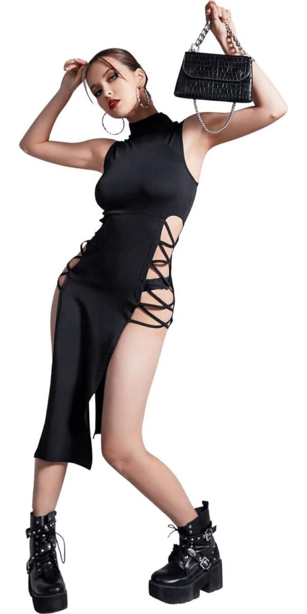 Verdusa Women's Crisscross High Split Mock Neck Sleeveless Midi Bodycon Dress - Image 4