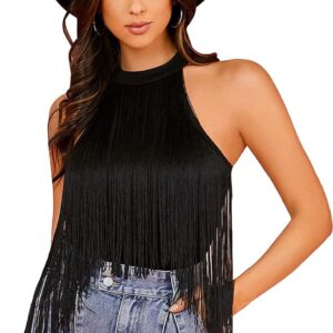 Verdusa Women's Fringe Trim Sleeveless Bodycon Halter Bodysuit Top