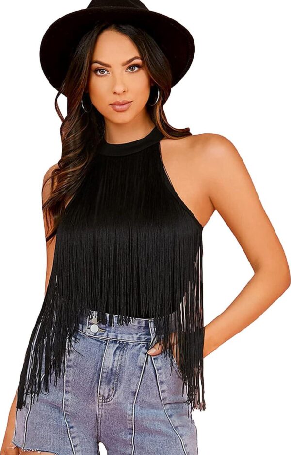 Verdusa Women's Fringe Trim Sleeveless Bodycon Halter Bodysuit Top