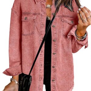Vetinee Women s Oversized Button Up Frayed Hem Shacket Long Sleeve Pockets Denim Jean Jacket