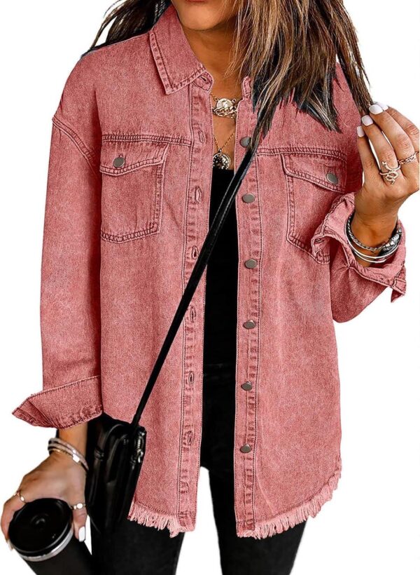 Vetinee Women s Oversized Button Up Frayed Hem Shacket Long Sleeve Pockets Denim Jean Jacket