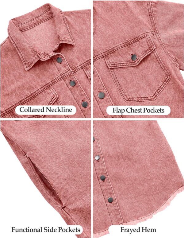 Vetinee Women s Oversized Button Up Frayed Hem Shacket Long Sleeve Pockets Denim Jean Jacket - Image 6