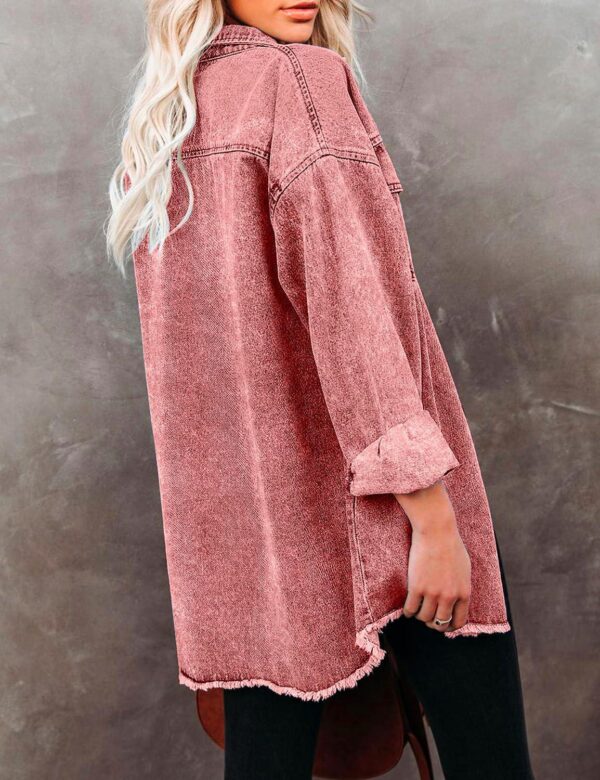 Vetinee Women s Oversized Button Up Frayed Hem Shacket Long Sleeve Pockets Denim Jean Jacket - Image 2