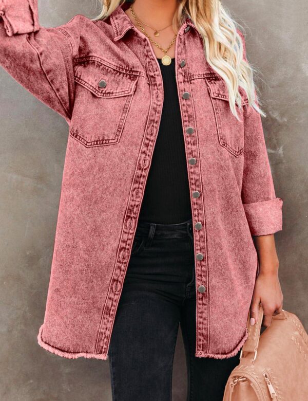 Vetinee Women s Oversized Button Up Frayed Hem Shacket Long Sleeve Pockets Denim Jean Jacket - Image 3