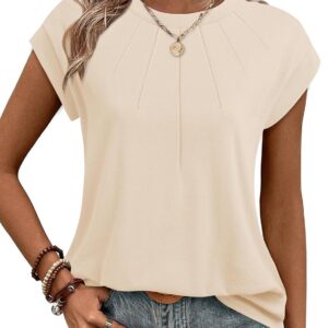 Vivilli Womens Summer Tops Cap Short Sleeve Pleated Crew Neck T Shirts Tops Dressy Casual Tunic Tee Shirts Work Blouses