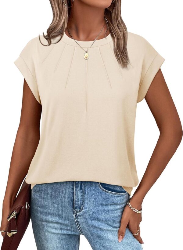 Vivilli Womens Summer Tops Cap Short Sleeve Pleated Crew Neck T Shirts Tops Dressy Casual Tunic Tee Shirts Work Blouses - Image 2