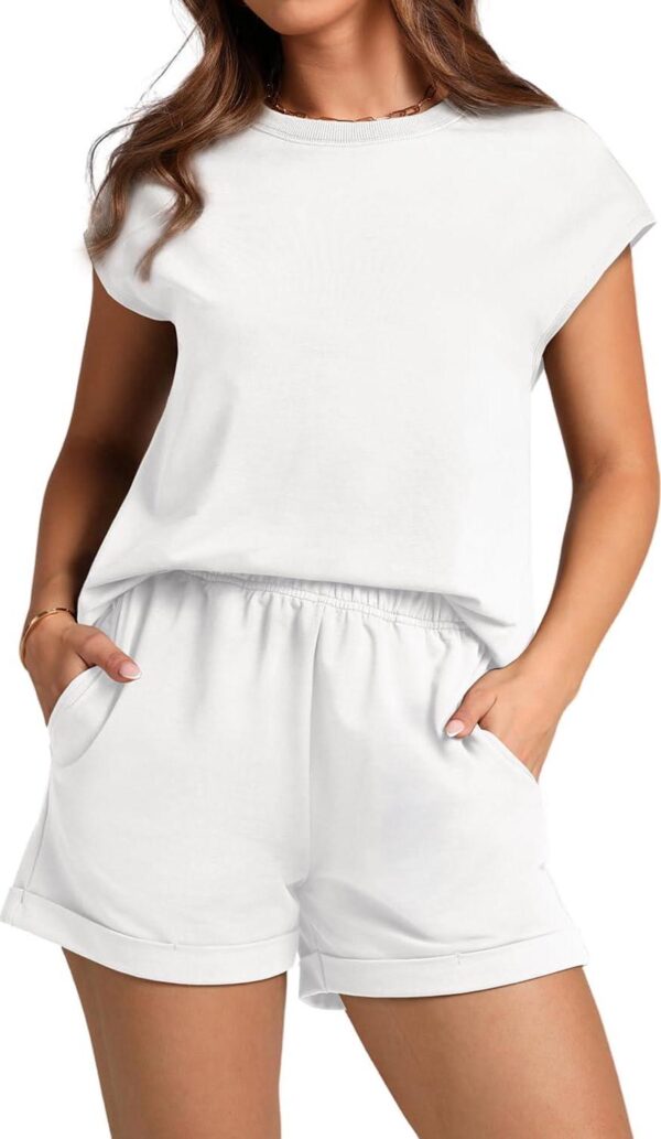WIHOLL 2 Piece Sets for Women Casual Summer Lounge Set Cap Sleeve Tops and Elastic Waist Shorts Tracksuit