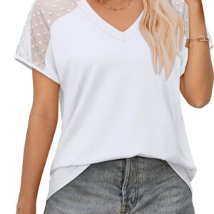 WIHOLL Summer Tops for Women V Neck T-Shirts Swiss Dot Short Sleeve Shirts Casual Fashion Blouses