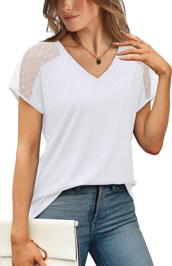 WIHOLL Summer Tops for Women V Neck T-Shirts Swiss Dot Short Sleeve Shirts Casual Fashion Blouses - Image 3