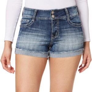 WallFlower Women's Luscious Curvy Denim Shorts Mid-Rise Bling and Belted Insta Stretch Juniors (Standard and Plus)
