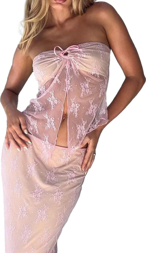 Women 2 Piece Maxi Skirt Set Y2k Lace Up Back Tie Up Tank Tops Bodycon Long Skirt Summer Party Club Streetwear - Image 6