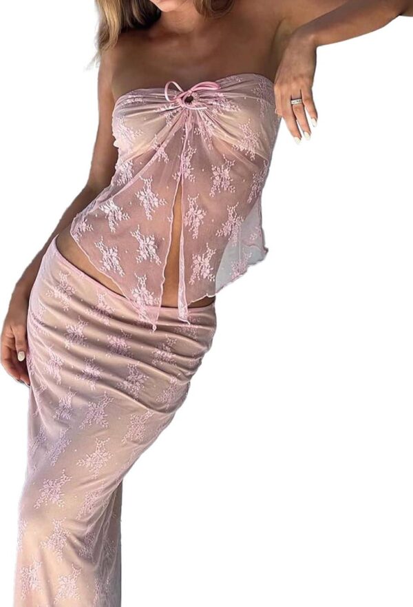 Women 2 Piece Maxi Skirt Set Y2k Lace Up Back Tie Up Tank Tops Bodycon Long Skirt Summer Party Club Streetwear - Image 2