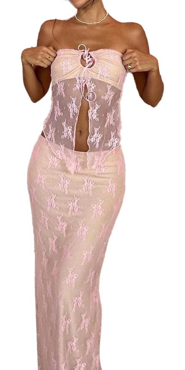 Women 2 Piece Maxi Skirt Set Y2k Lace Up Back Tie Up Tank Tops Bodycon Long Skirt Summer Party Club Streetwear