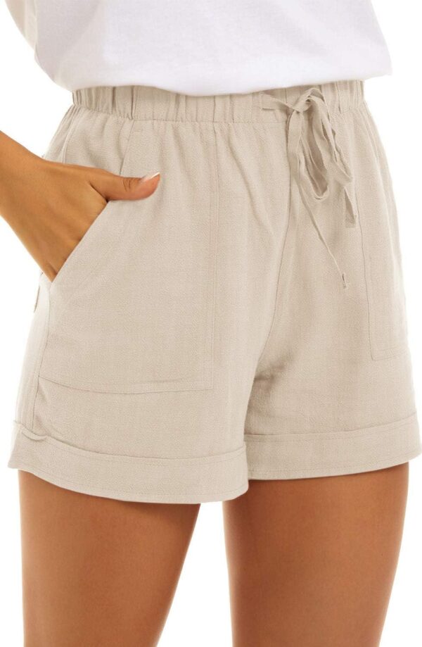 Women Cotton Shorts with Pockets Summer Elastic Waist Drawstring Pull On Comfy Drawstring Linen Shorts