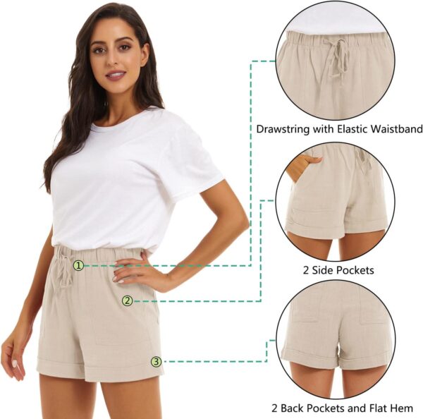 Women Cotton Shorts with Pockets Summer Elastic Waist Drawstring Pull On Comfy Drawstring Linen Shorts - Image 4