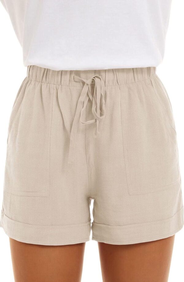 Women Cotton Shorts with Pockets Summer Elastic Waist Drawstring Pull On Comfy Drawstring Linen Shorts - Image 3