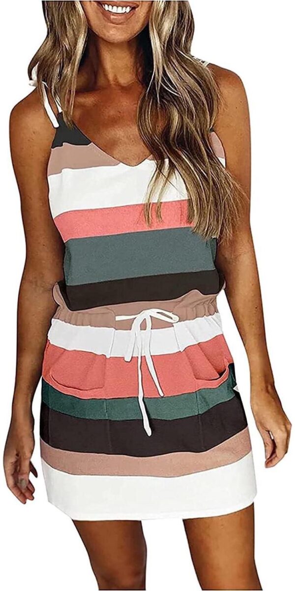 Women Summer Casual Striped Dress Sleeveless Halter Strap Flowy Boho Dress with Pockets