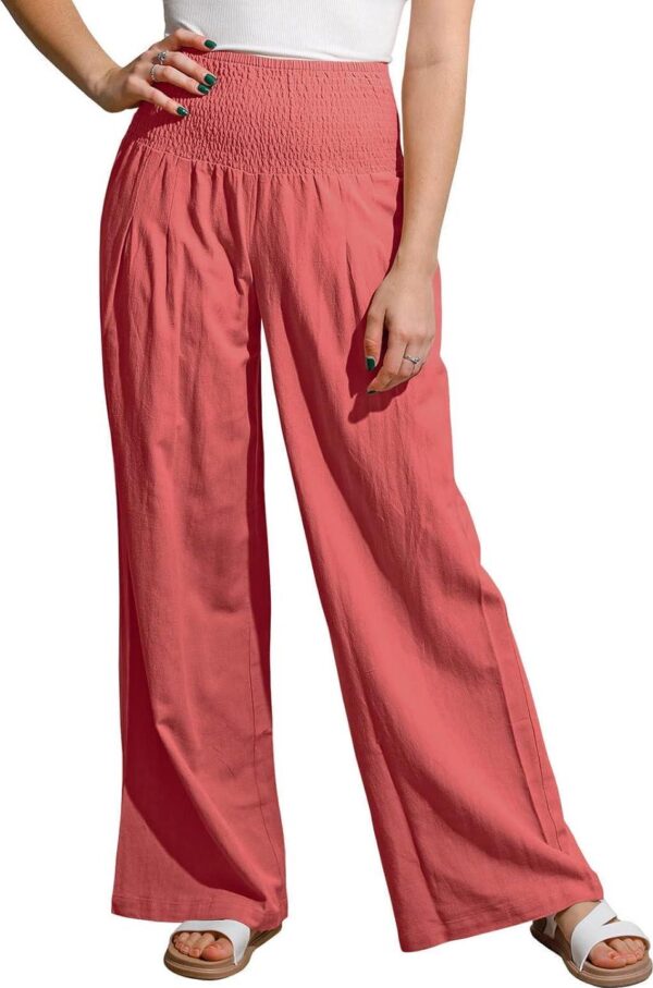 Women Summer High Waisted Cotton Linen Palazzo Pants Wide Leg Long Trousers with Pocket - Image 2