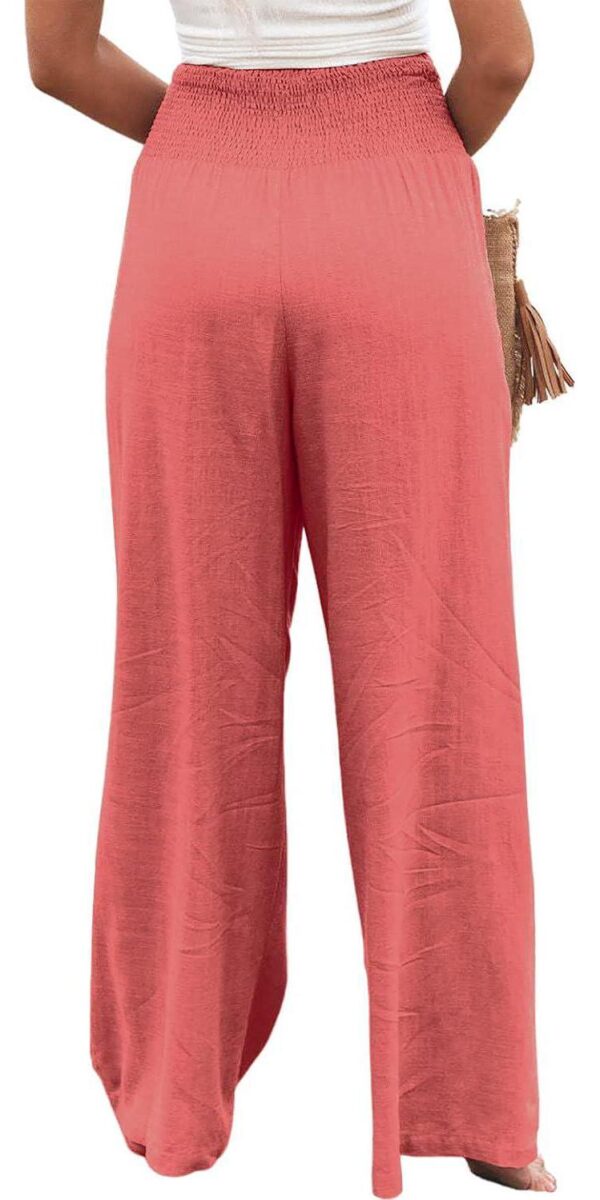 Women Summer High Waisted Cotton Linen Palazzo Pants Wide Leg Long Trousers with Pocket - Image 6