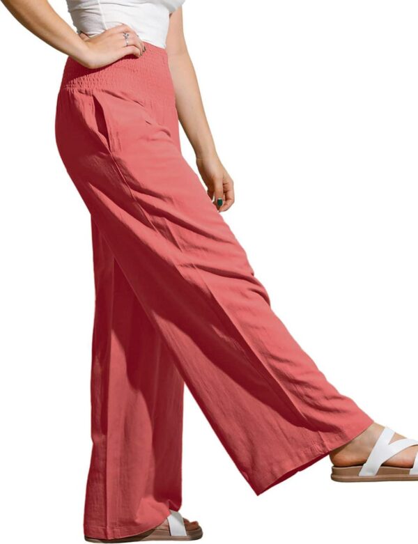 Women Summer High Waisted Cotton Linen Palazzo Pants Wide Leg Long Trousers with Pocket - Image 3