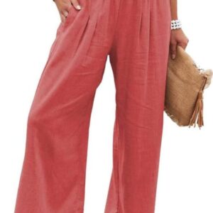 Women Summer High Waisted Cotton Linen Palazzo Pants Wide Leg Long Trousers with Pocket