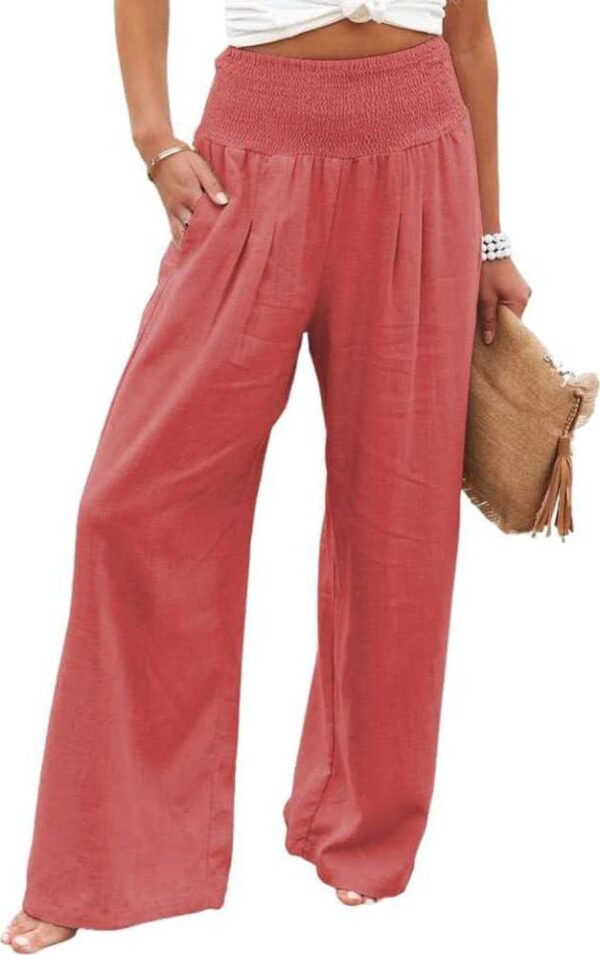 Women Summer High Waisted Cotton Linen Palazzo Pants Wide Leg Long Trousers with Pocket