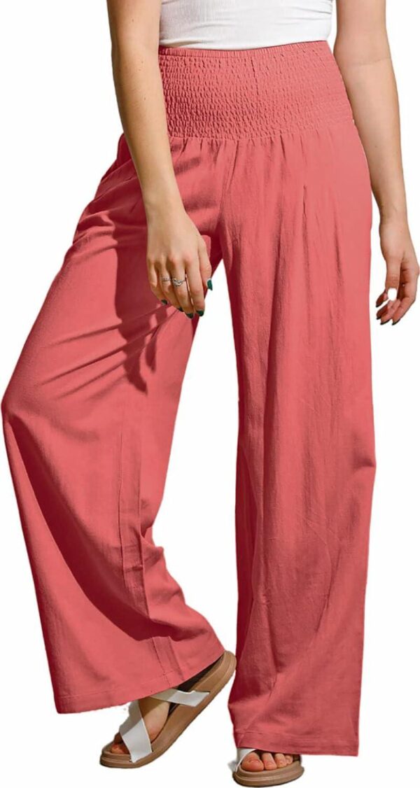 Women Summer High Waisted Cotton Linen Palazzo Pants Wide Leg Long Trousers with Pocket - Image 4