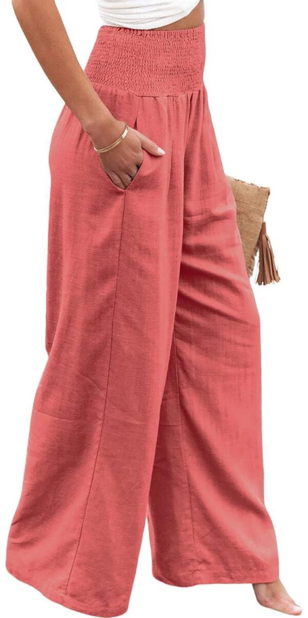 Women Summer High Waisted Cotton Linen Palazzo Pants Wide Leg Long Trousers with Pocket - Image 5