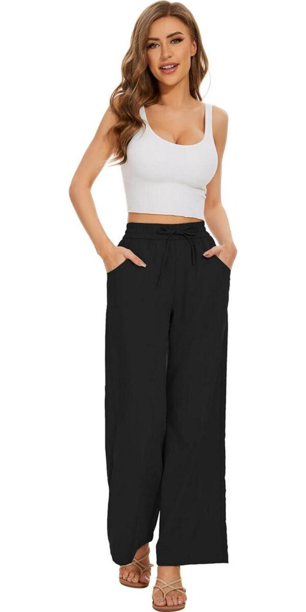 Women Summer Pants Flowy Pants Drawstring Waist Wide Leg Palazzo Beach Pants Loose Fit with Pockets - Image 5