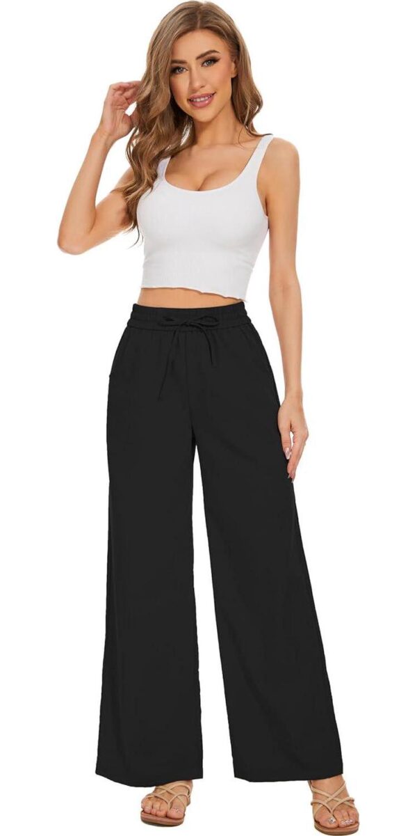 Women Summer Pants Flowy Pants Drawstring Waist Wide Leg Palazzo Beach Pants Loose Fit with Pockets - Image 2