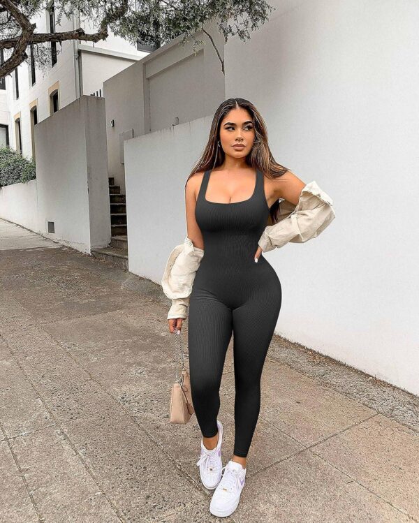 Women Workout Seamless Jumpsuit Yoga Ribbed Bodycon One Piece Square Neck Leggings Romper - Image 2