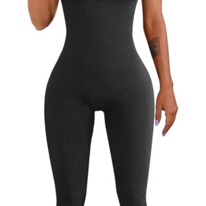 Women Workout Seamless Jumpsuit Yoga Ribbed Bodycon One Piece Square Neck Leggings Romper