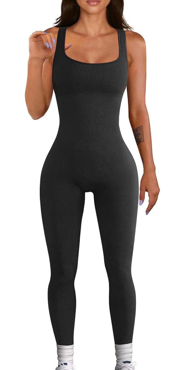 Women Workout Seamless Jumpsuit Yoga Ribbed Bodycon One Piece Square Neck Leggings Romper