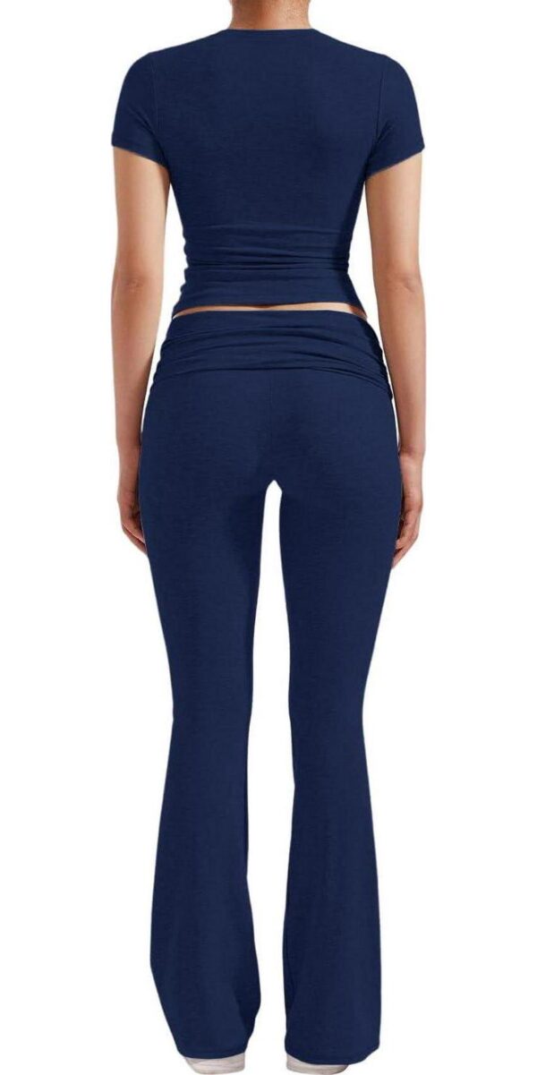 Women's 2 Piece Lounge Outfits Slim Short Sleeve Tops Low Rise Flare Leggings Sets Yoga Sweatsuit - Image 2